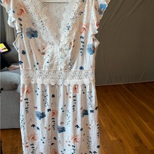 SHEIN White Midi Dress with Blue and Pink Floral Pattern